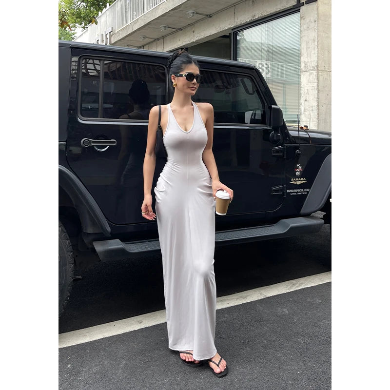 Spicy Girl V-neck Hanging Neck Sleeveless Dress Elegant Women's Summer New High Waist Slim Pleated Wrapped Hip Dresses ORPT