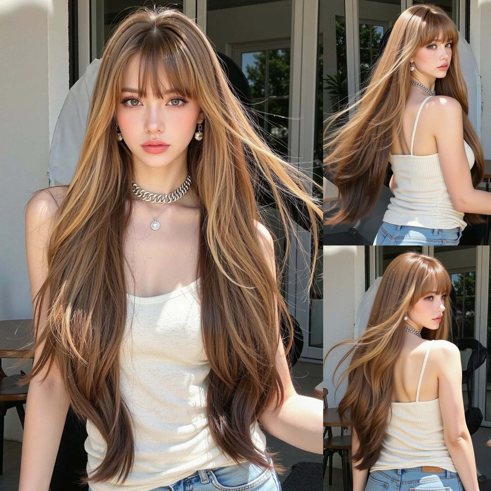 Honey Brown Highlight Layered Synthetic Wigs With Bangs Super Long Straight Wig For Women Cosplay Natural Daily Heat Resistant
