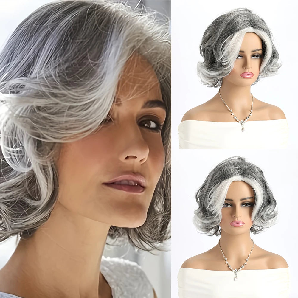 Short Natural Wigs with Bangs Soft Mommy Hair Daily Use Short Grey Ombre Curly Synthetic Hair Costume Party Wig for Women