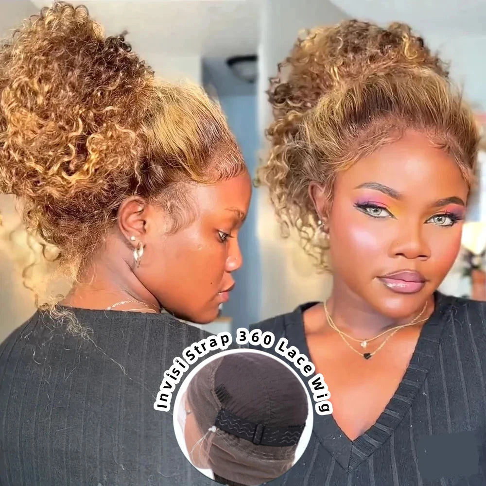 Deep Wave 30 Inch Invisible Strap 360 Full Lace Front Wig Honey Blonde Highlight Deep Curly Frontal Wig Glueless Wig Human Hair
