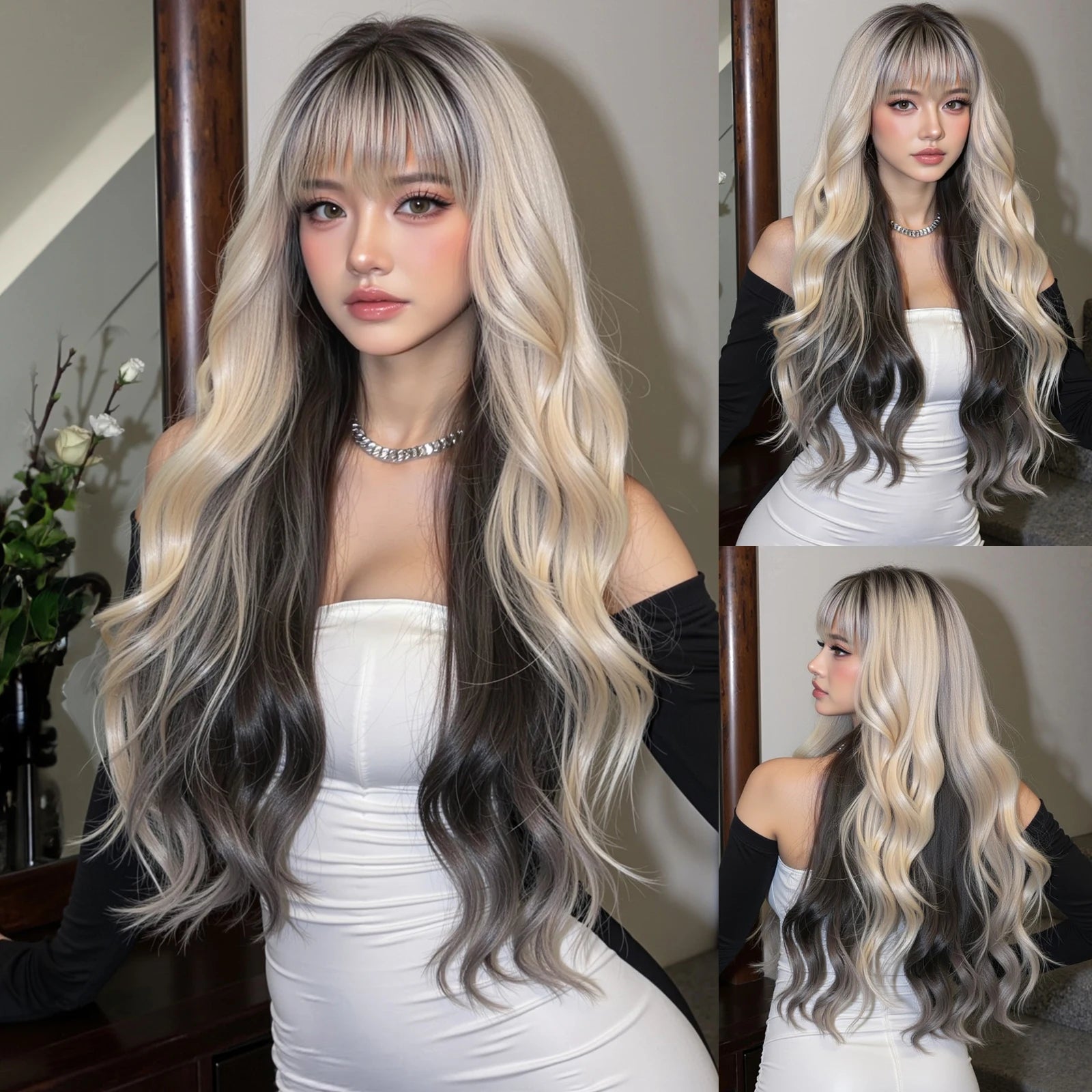 Honey Brown Highlight Layered Synthetic Wigs With Bangs Super Long Straight Wig For Women Cosplay Natural Daily Heat Resistant