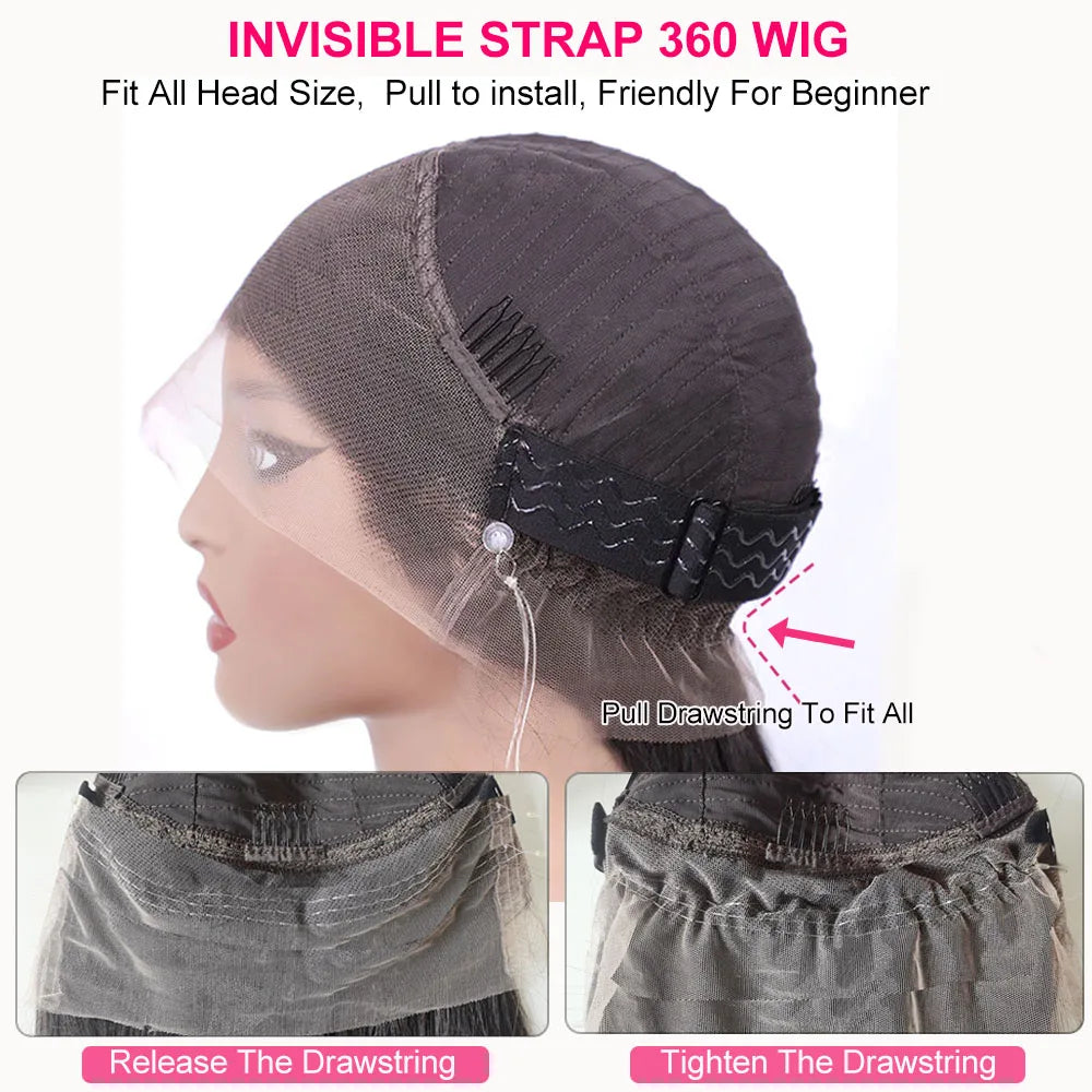Yaki Straight Invisible Strap Drawstring Snug Fit 360 full lace Glueless Wig Kinky Straight Human Hair 30 Inch Lace Front Wig