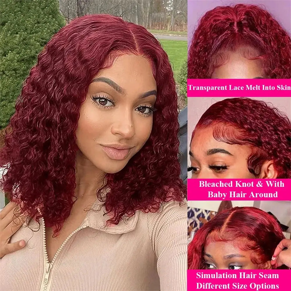 Burgundy 99J Deep Wave Short Bob Wigs 100% Human Hair Wig Water Curly Wig Baby Hair 13x4 Lace Front Human Hair Bob Wig For Women
