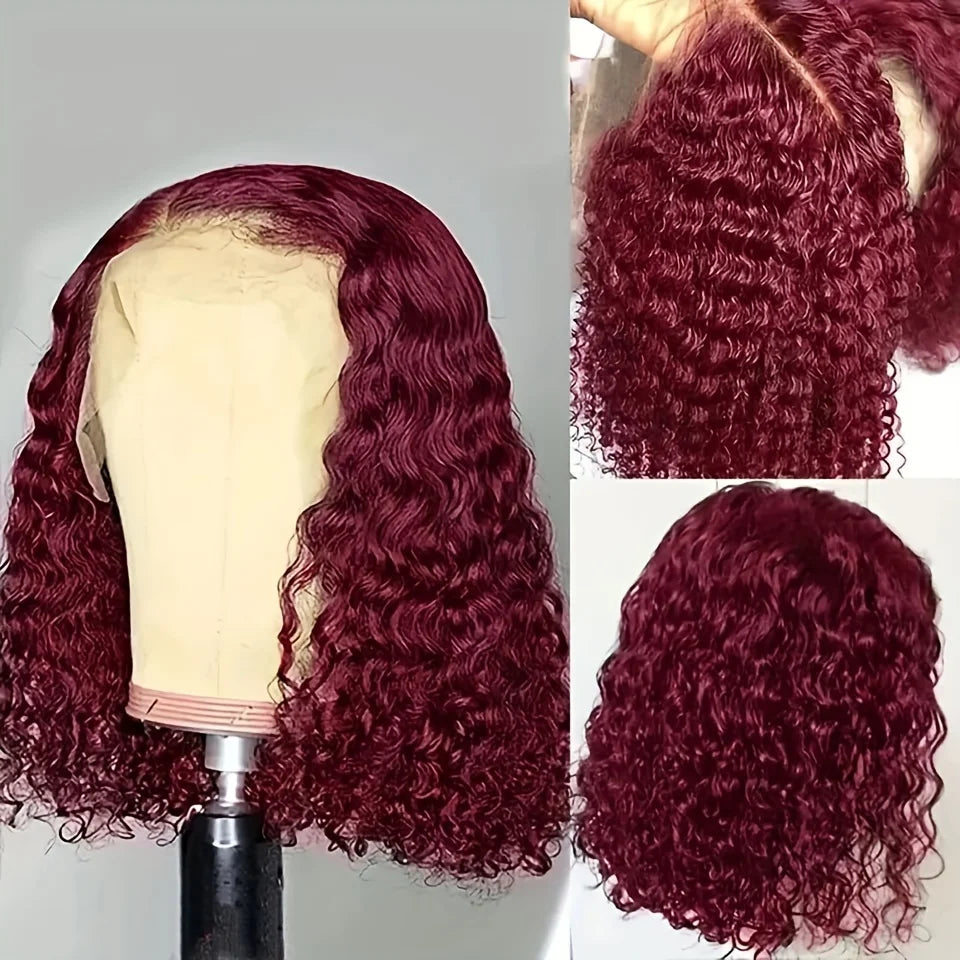 Burgundy 99J Deep Wave Short Bob Wigs 100% Human Hair Wig Water Curly Wig Baby Hair 13x4 Lace Front Human Hair Bob Wig For Women