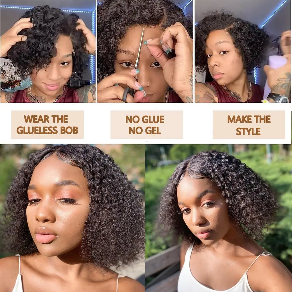 Short Bob Glueless Wigs Deep Wave Glueless Human Hair Ready To Wear 180% Pre Cut Lace 4x4 13x4 Culry Lace Front Human Hair Black