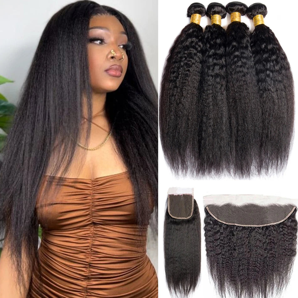 Kinky Straight 100% Raw Human Hair Bundles And Closure 4X4 3Bundles Yaki Straight Hair with HD Transparent Lace Frontal Tissage