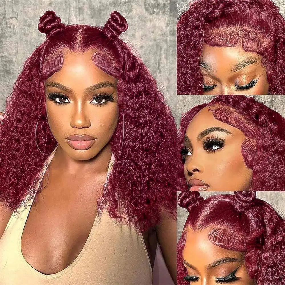 Burgundy 99J Deep Wave Short Bob Wigs 100% Human Hair Wig Water Curly Wig Baby Hair 13x4 Lace Front Human Hair Bob Wig For Women