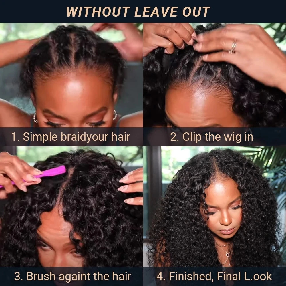 250% Kinky Curly V Part Wig Human Hair No Leave Out Upgrade Deep Wave Curly V Shape Wig No Glue Clip In Half Wig For Women