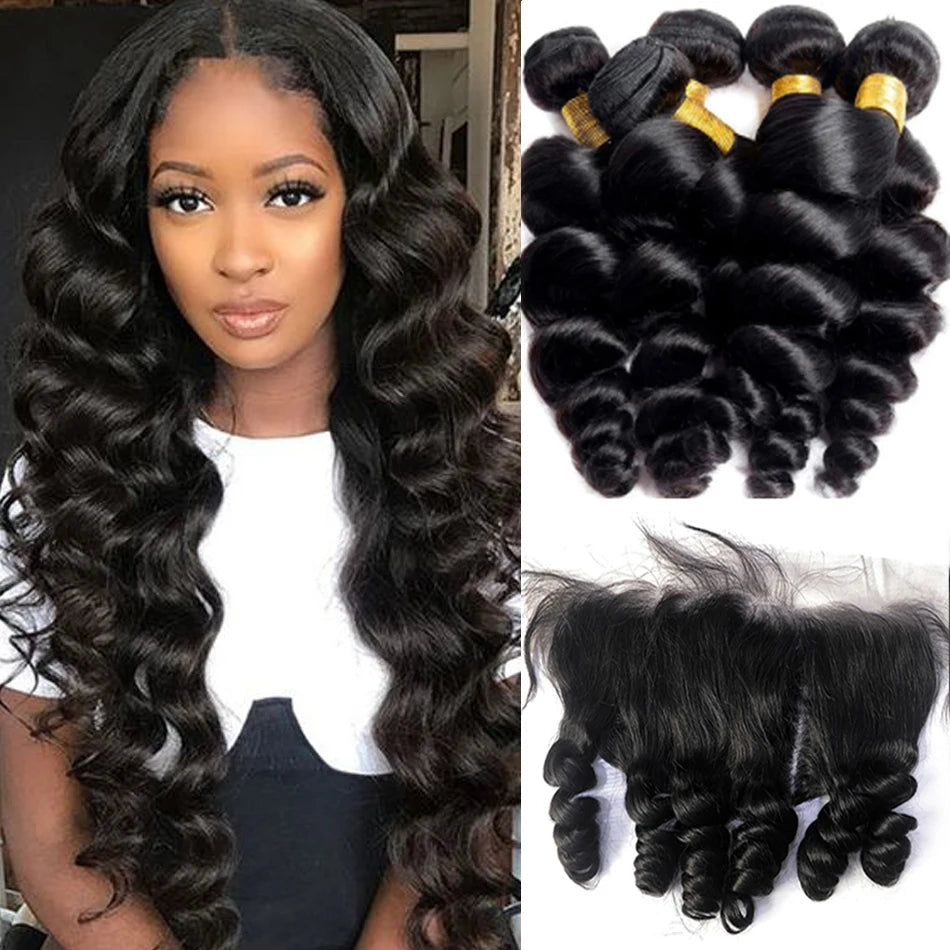 Mongolian Loose Deep Wave Bundles With Frontal Virgin 100% Human Hair 3/4Bundles And HD Lace Closure 4X4 Loose Raw Hair tissage