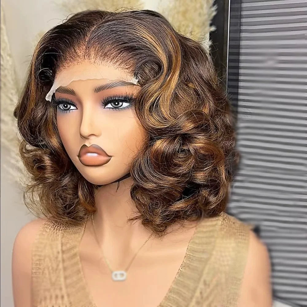 Body Wave 4/27 Color Short Bob Wig Ombre Blonde 13x4 Lace Frontal Wig Highlight Brown Mix Blonde 100% Human Hair Preplucked Bob