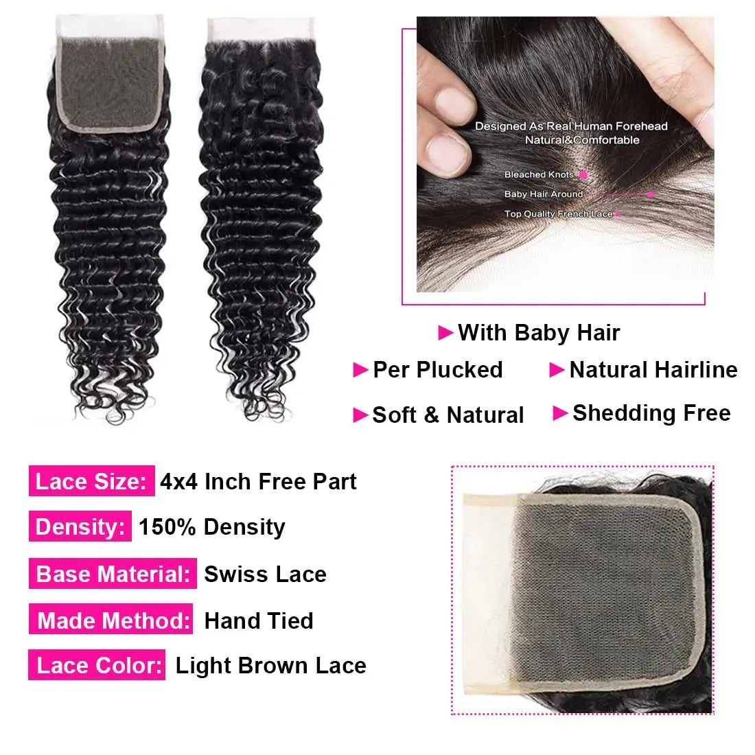 Human Hair Bundles with Closure Deep Wave 3 Bundles with 4x4 Lace Closure 100% Unprocessed Brazilian Virgin Curly Closure Bundle