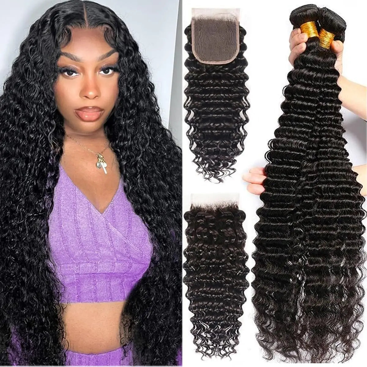 Human Hair Bundles with Closure Deep Wave 3 Bundles with 4x4 Lace Closure 100% Unprocessed Brazilian Virgin Curly Closure Bundle