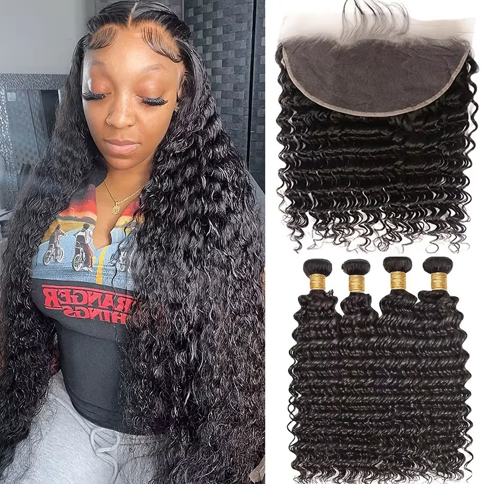 Burmese Curly Deep Wave Human Hair Bundles With 13X4 Frontal Closure Bundle Deals 100% Raw Human Hair Weaving Curly Hair Bundle
