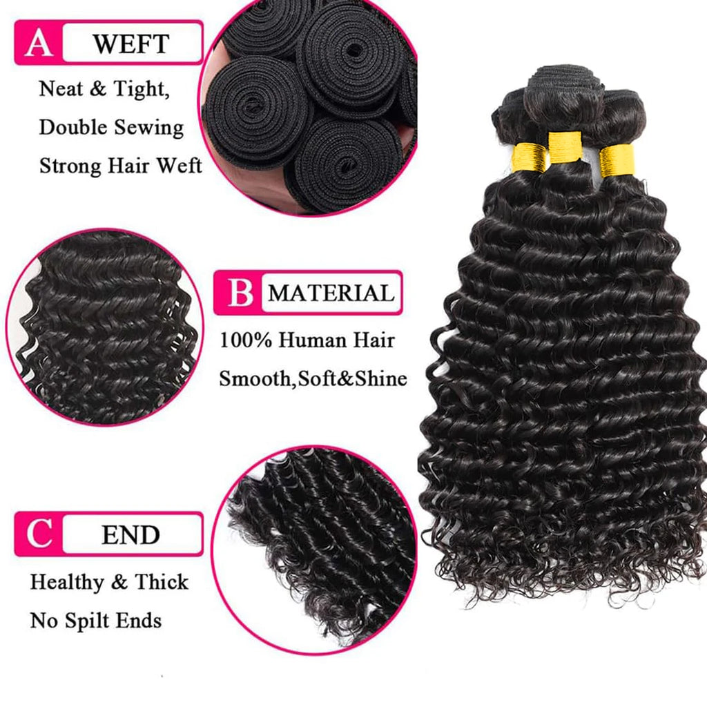 Human Hair Bundles with Closure Deep Wave 3 Bundles with 4x4 Lace Closure 100% Unprocessed Brazilian Virgin Curly Closure Bundle