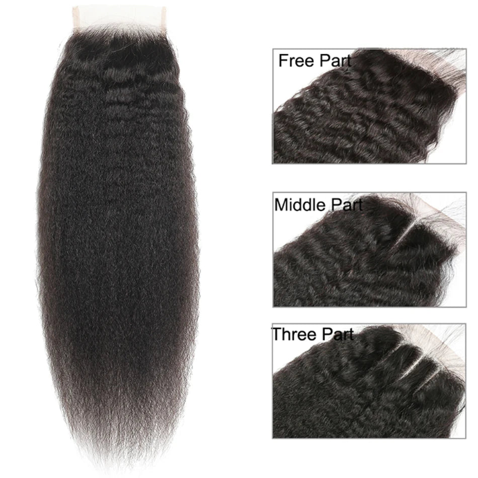 Kinky Straight 100% Raw Human Hair Bundles And Closure 4X4 3Bundles Yaki Straight Hair with HD Transparent Lace Frontal Tissage