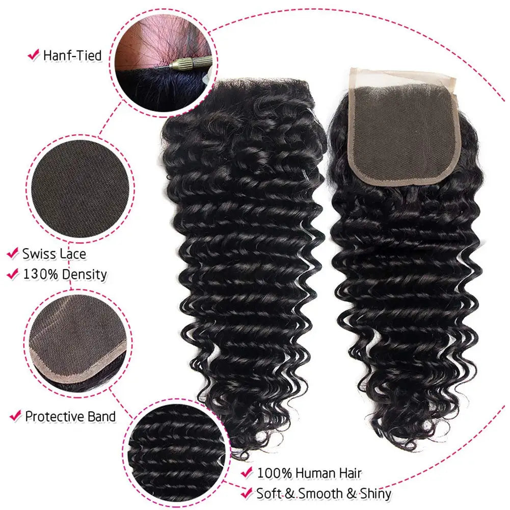 Human Hair Bundles with Closure Deep Wave 3 Bundles with 4x4 Lace Closure 100% Unprocessed Brazilian Virgin Curly Closure Bundle