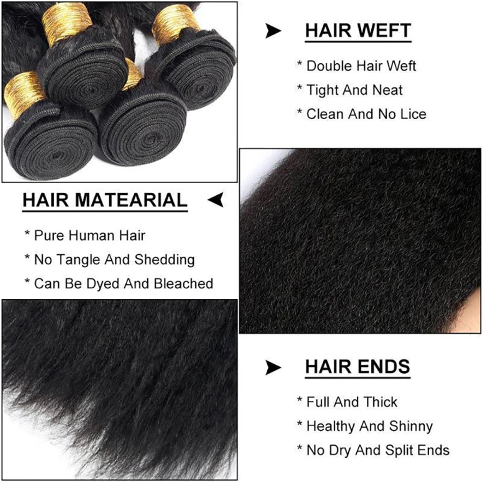 Kinky Straight 100% Raw Human Hair Bundles And Closure 4X4 3Bundles Yaki Straight Hair with HD Transparent Lace Frontal Tissage