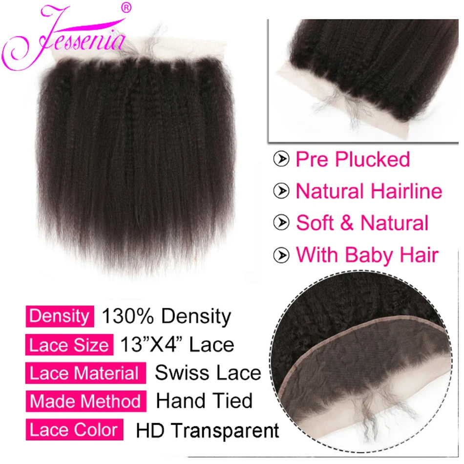 Kinky Straight 100% Raw Human Hair Bundles And Closure 4X4 3Bundles Yaki Straight Hair with HD Transparent Lace Frontal Tissage