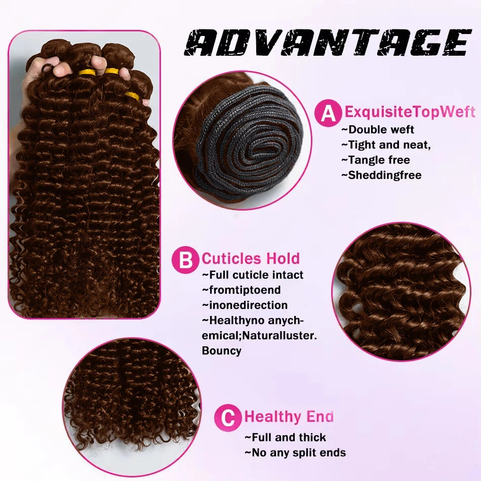 Deep Wave Human Hair Bundles Brazilian Chocolate Brown #4 Colored  Remy 3/4 Kinky Curly Human Hair Weave Extensions For Women