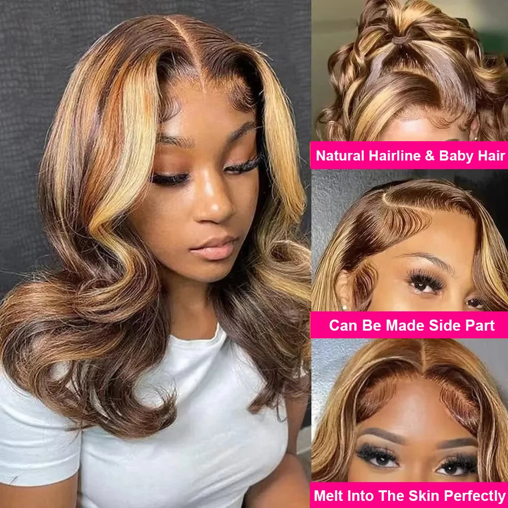 Body Wave 4/27 Color Short Bob Wig Ombre Blonde 13x4 Lace Frontal Wig Highlight Brown Mix Blonde 100% Human Hair Preplucked Bob
