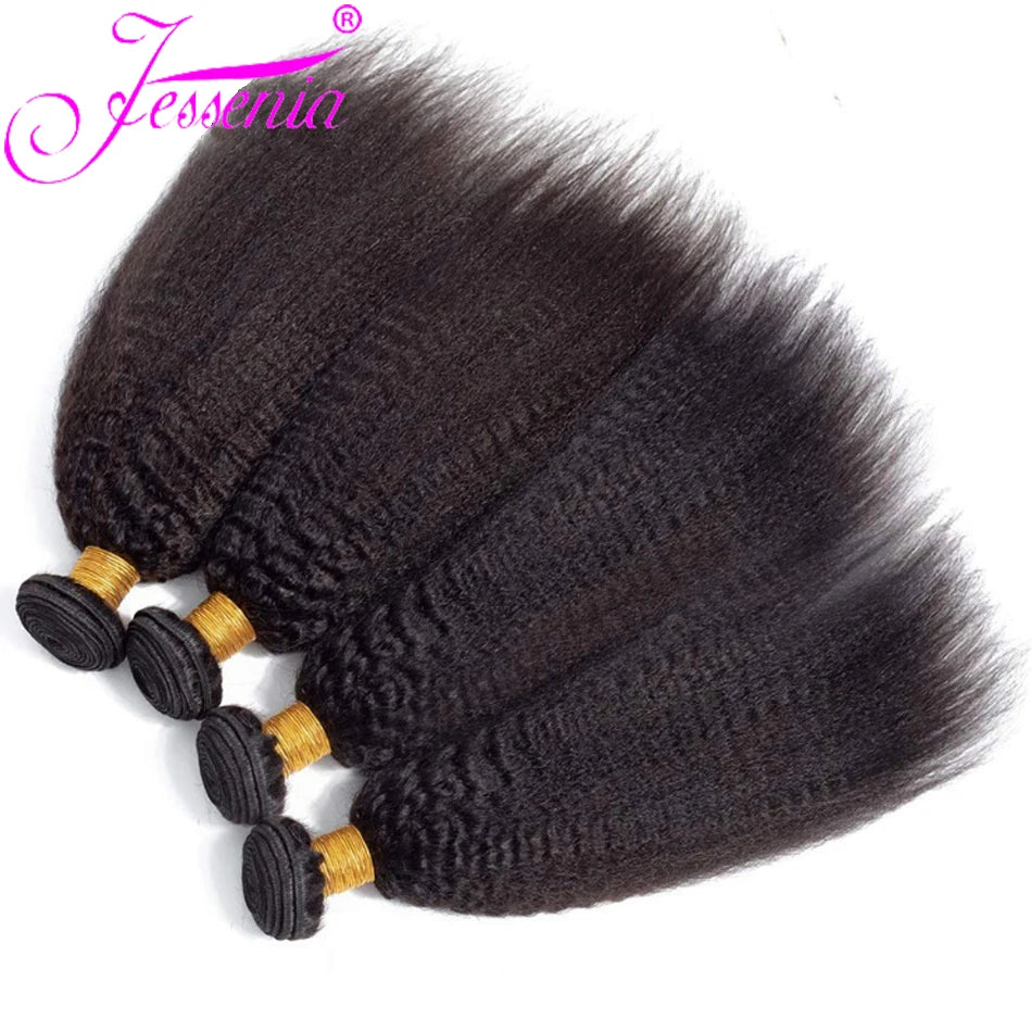 Kinky Straight 100% Raw Human Hair Bundles And Closure 4X4 3Bundles Yaki Straight Hair with HD Transparent Lace Frontal Tissage