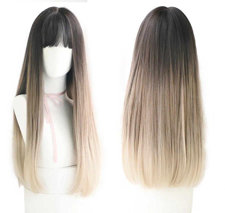 7JHHWIGS Long Straight Synthetic Light Brown Wigs With Bang For Women Heat-Resistant Daily Use Hair Hot Sell Wholesale Wigs