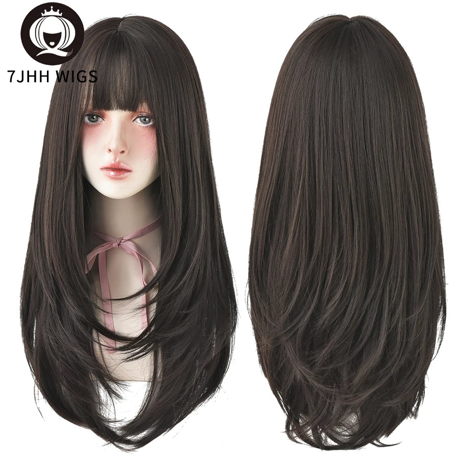 7JHHWIGS Long Straight Synthetic Light Brown Wigs With Bang For Women Heat-Resistant Daily Use Hair Hot Sell Wholesale Wigs