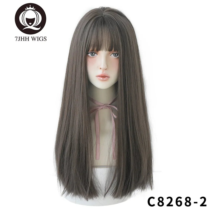 7JHHWIGS Long Straight Synthetic Light Brown Wigs With Bang For Women Heat-Resistant Daily Use Hair Hot Sell Wholesale Wigs