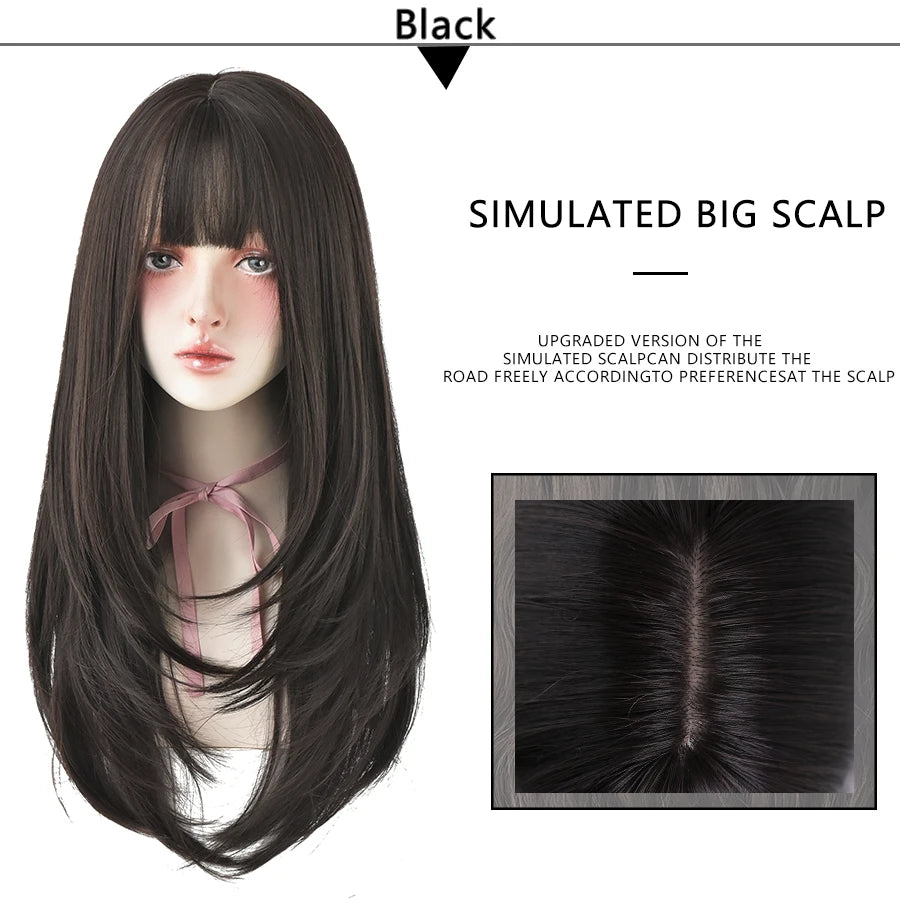 7JHHWIGS Long Straight Synthetic Light Brown Wigs With Bang For Women Heat-Resistant Daily Use Hair Hot Sell Wholesale Wigs