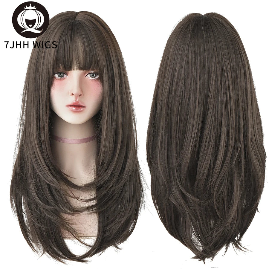 7JHHWIGS Long Straight Synthetic Light Brown Wigs With Bang For Women Heat-Resistant Daily Use Hair Hot Sell Wholesale Wigs