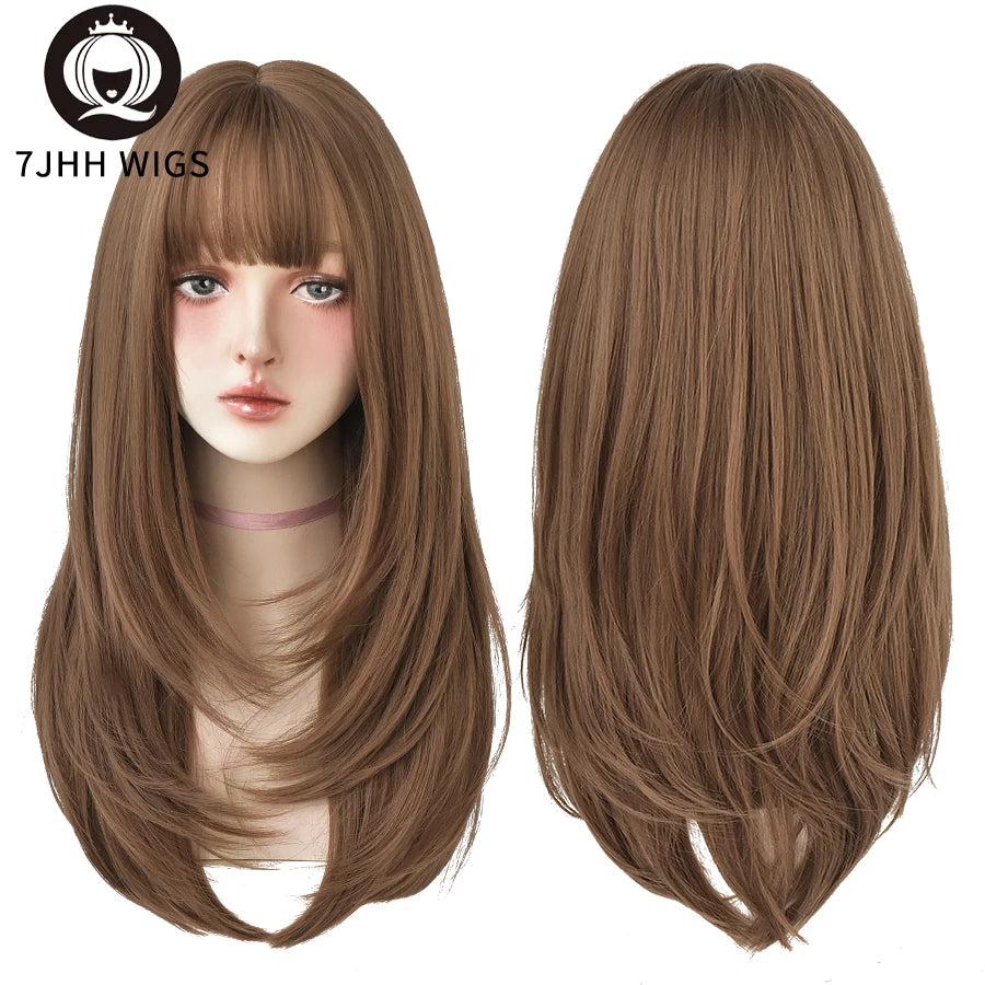 7JHHWIGS Long Straight Synthetic Light Brown Wigs With Bang For Women Heat-Resistant Daily Use Hair Hot Sell Wholesale Wigs