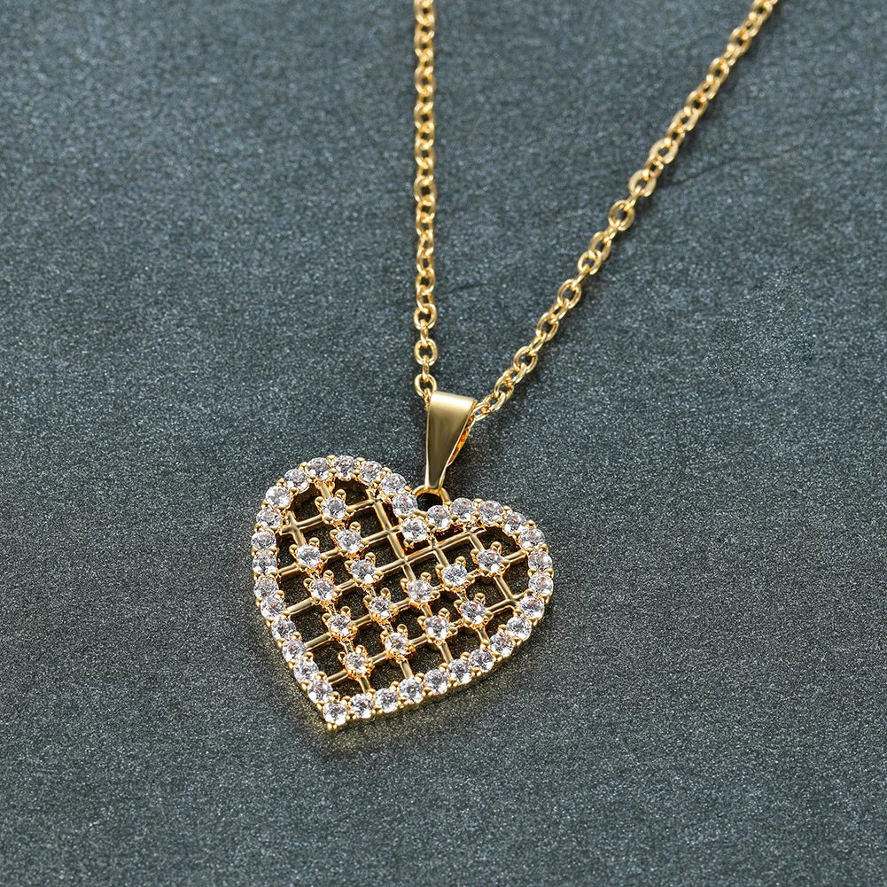 Cute Romantic Zircon Crystal Reticular Heart Pendant Women Necklaces Korean Fashion Female Wedding Jewelry Ladies Clavicle Chain