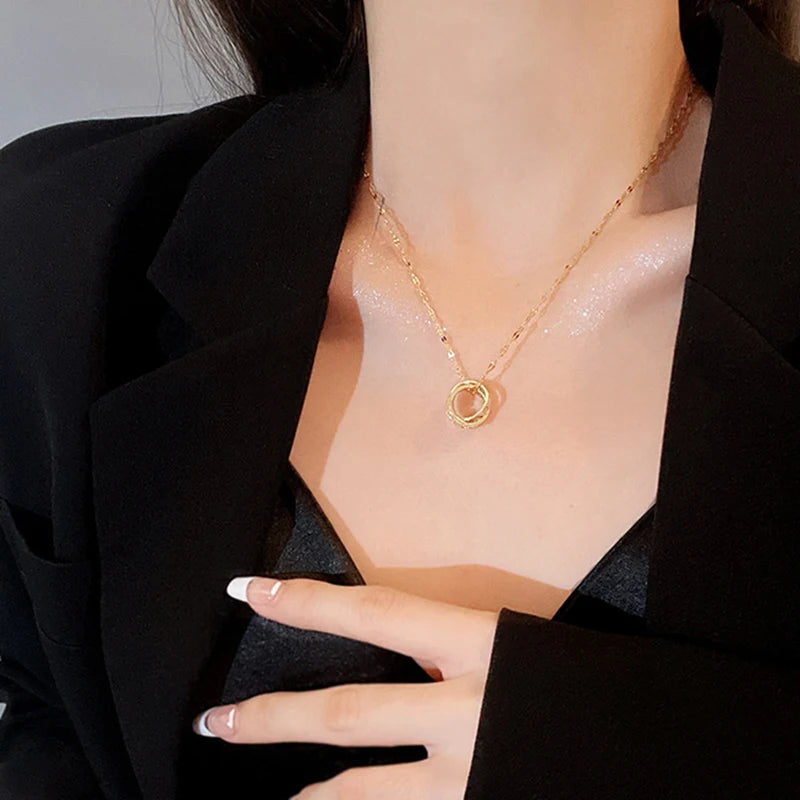 DIEYURO 316L Stainless Steel Korean Style Fashion Simple Necklace Female Double Circle Zircon Cross Pendant Wedding Jewelry New