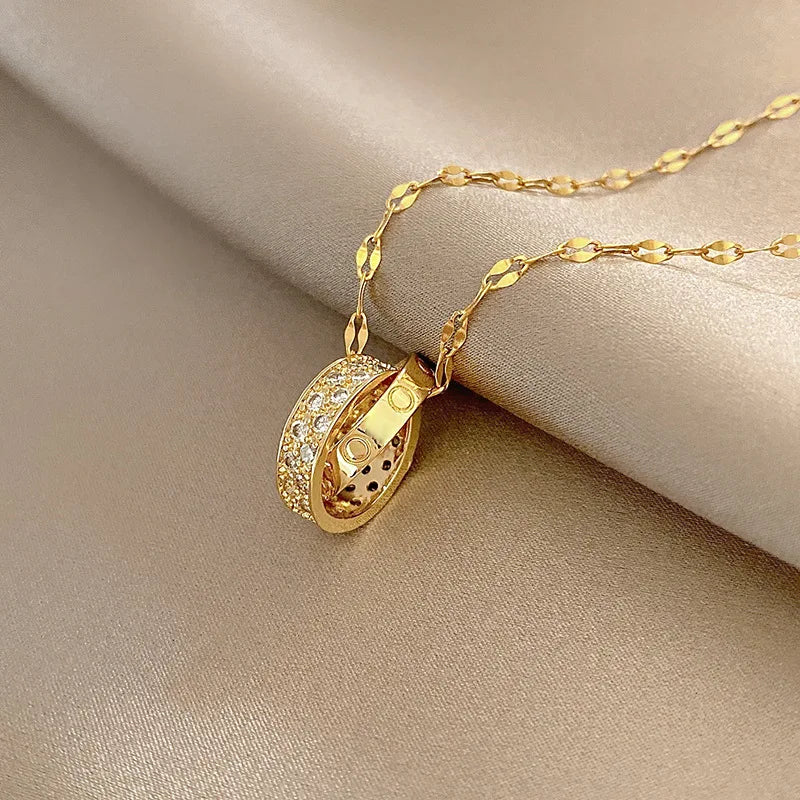 DIEYURO 316L Stainless Steel Korean Style Fashion Simple Necklace Female Double Circle Zircon Cross Pendant Wedding Jewelry New