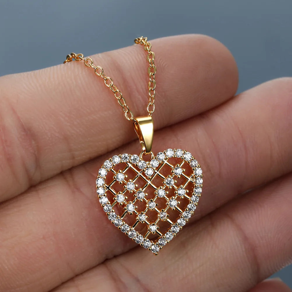 Cute Romantic Zircon Crystal Reticular Heart Pendant Women Necklaces Korean Fashion Female Wedding Jewelry Ladies Clavicle Chain