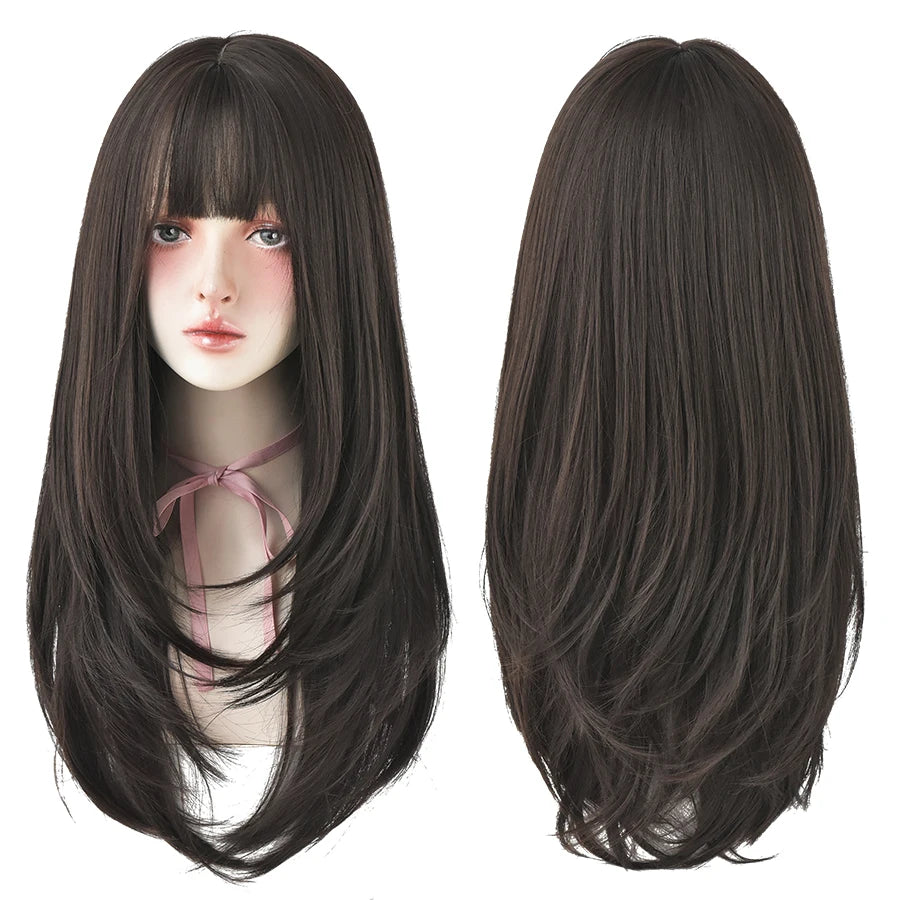 7JHHWIGS Long Straight Synthetic Light Brown Wigs With Bang For Women Heat-Resistant Daily Use Hair Hot Sell Wholesale Wigs