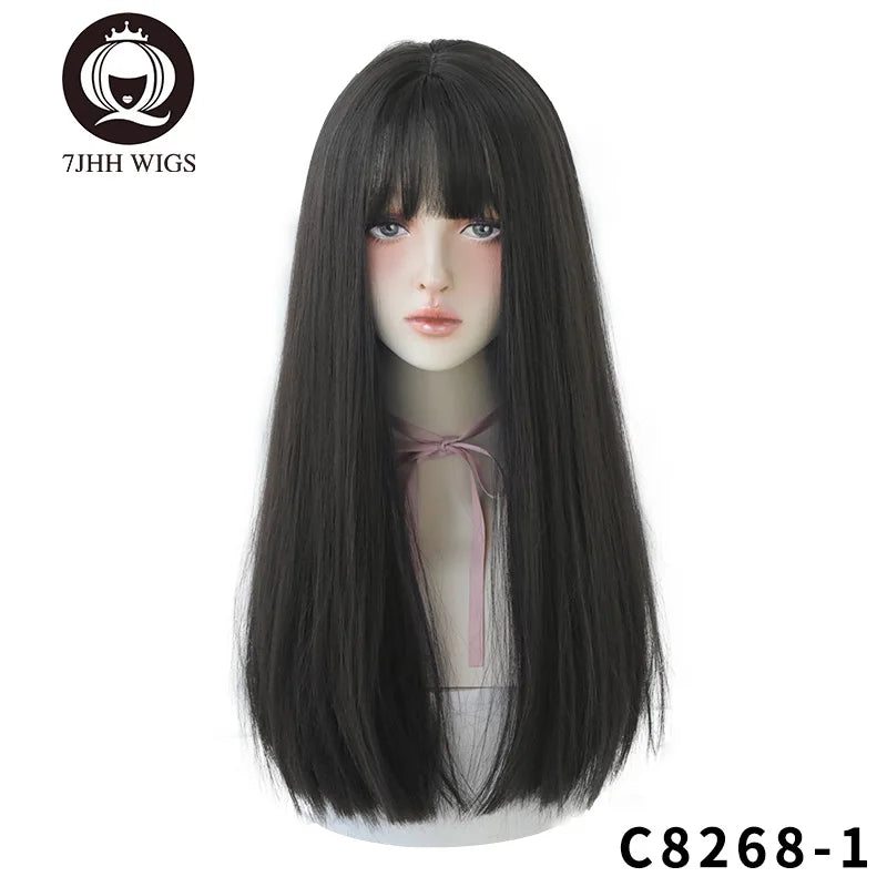 7JHHWIGS Long Straight Synthetic Light Brown Wigs With Bang For Women Heat-Resistant Daily Use Hair Hot Sell Wholesale Wigs