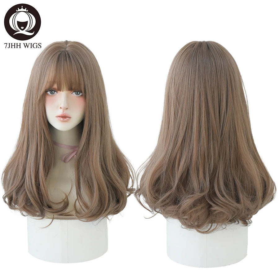7JHHWIGS Long Straight Synthetic Light Brown Wigs With Bang For Women Heat-Resistant Daily Use Hair Hot Sell Wholesale Wigs