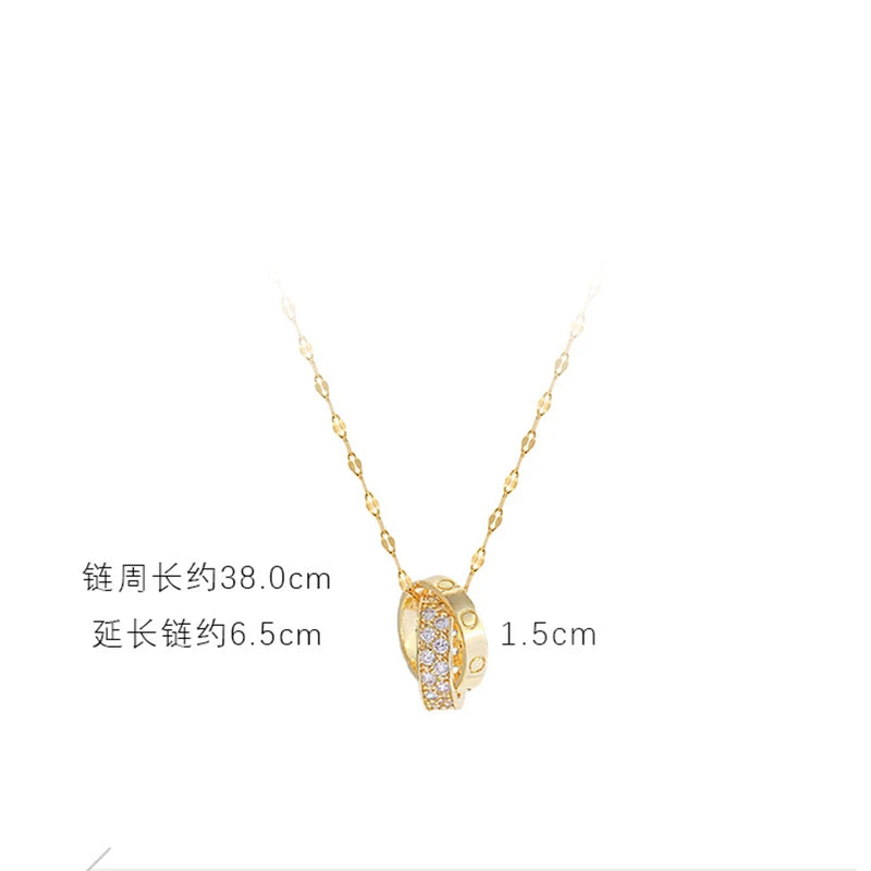 DIEYURO 316L Stainless Steel Korean Style Fashion Simple Necklace Female Double Circle Zircon Cross Pendant Wedding Jewelry New