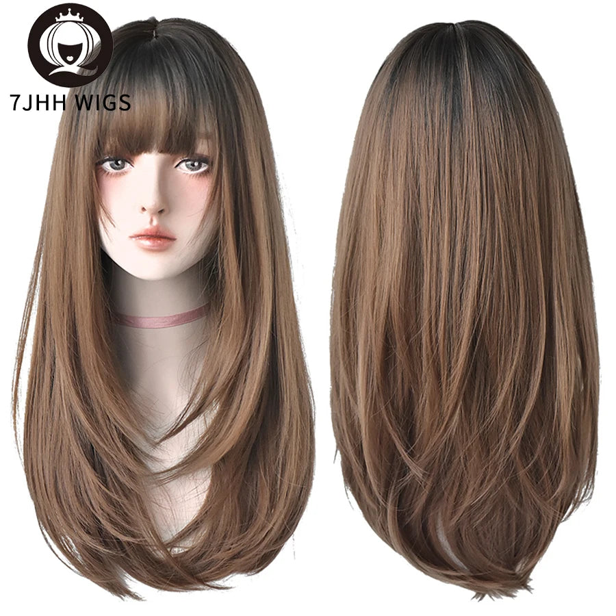 7JHHWIGS Long Straight Synthetic Light Brown Wigs With Bang For Women Heat-Resistant Daily Use Hair Hot Sell Wholesale Wigs