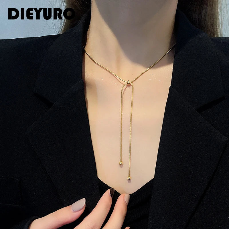DIEYURO Stainless Steel Retro Creative Unique Design Adjustable Necklace Female Fashion Simple All-match Gold Clavicle Chain