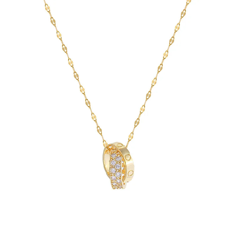 DIEYURO 316L Stainless Steel Korean Style Fashion Simple Necklace Female Double Circle Zircon Cross Pendant Wedding Jewelry New