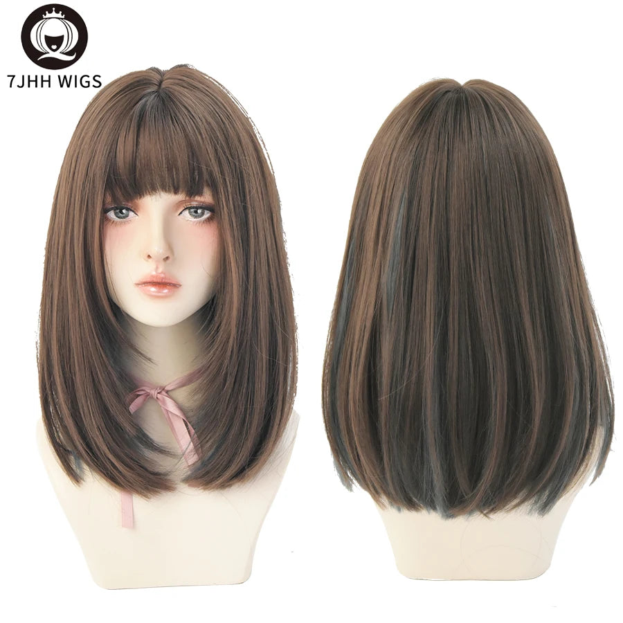 7JHHWIGS Long Straight Synthetic Light Brown Wigs With Bang For Women Heat-Resistant Daily Use Hair Hot Sell Wholesale Wigs