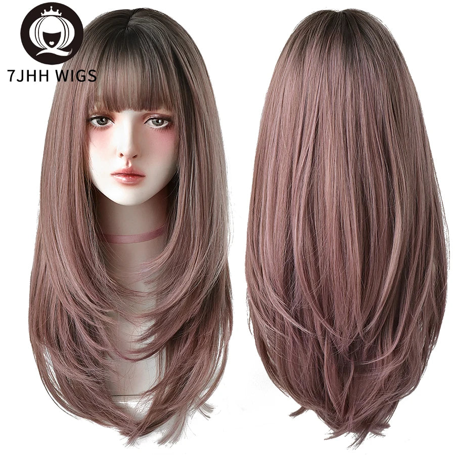 7JHHWIGS Long Straight Synthetic Light Brown Wigs With Bang For Women Heat-Resistant Daily Use Hair Hot Sell Wholesale Wigs