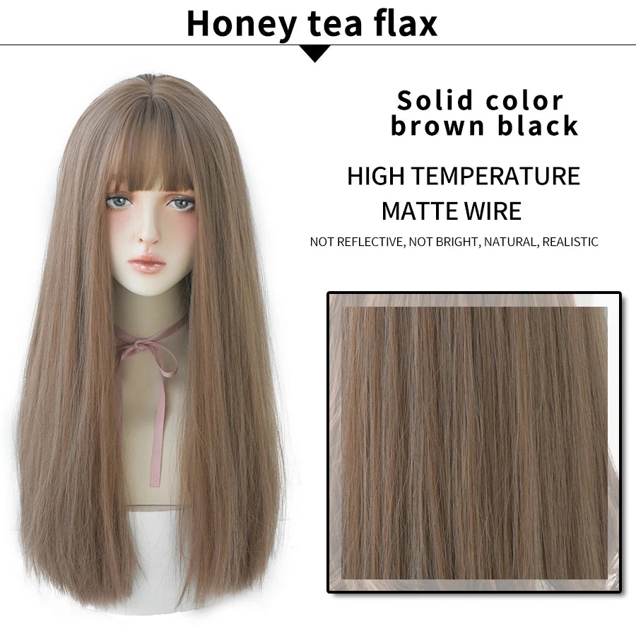 7JHHWIGS Long Straight Synthetic Light Brown Wigs With Bang For Women Heat-Resistant Daily Use Hair Hot Sell Wholesale Wigs