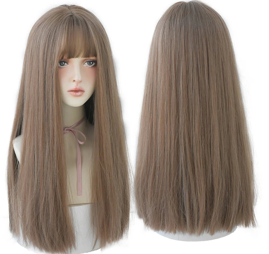 7JHHWIGS Long Straight Synthetic Light Brown Wigs With Bang For Women Heat-Resistant Daily Use Hair Hot Sell Wholesale Wigs