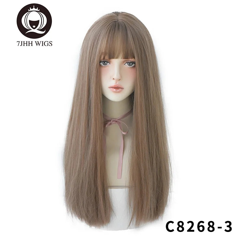 7JHHWIGS Long Straight Synthetic Light Brown Wigs With Bang For Women Heat-Resistant Daily Use Hair Hot Sell Wholesale Wigs