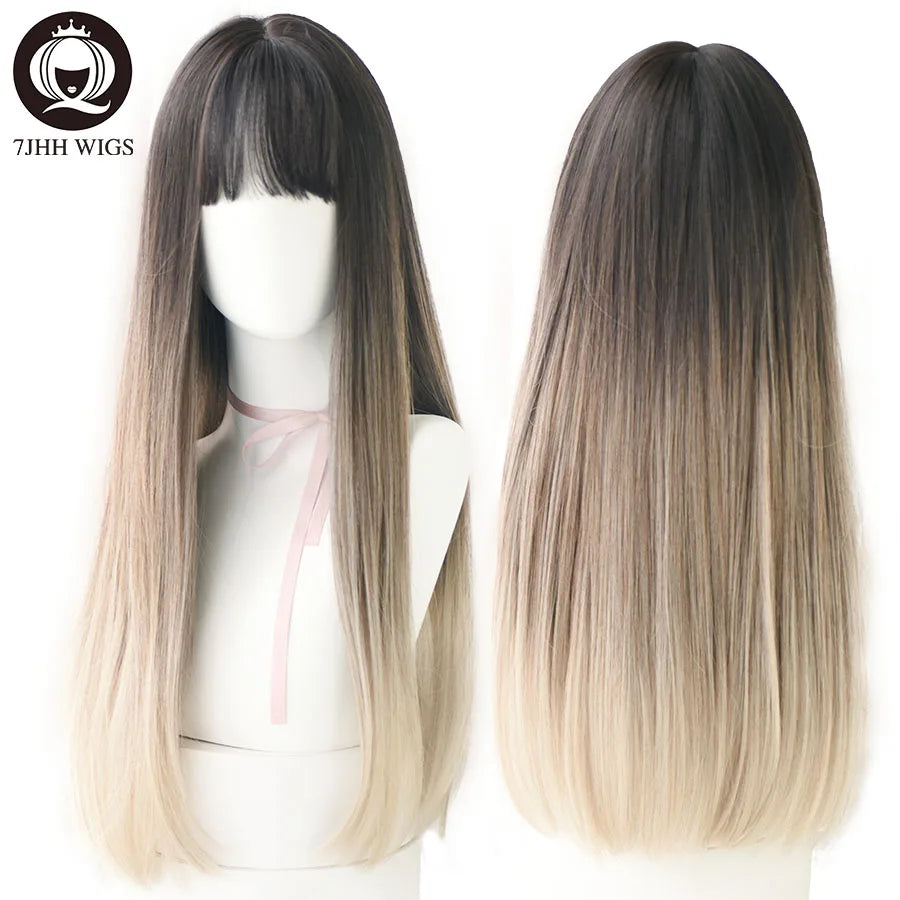 7JHHWIGS Long Straight Synthetic Light Brown Wigs With Bang For Women Heat-Resistant Daily Use Hair Hot Sell Wholesale Wigs