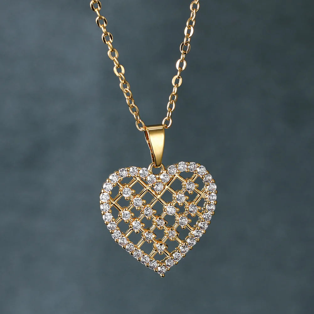 Cute Romantic Zircon Crystal Reticular Heart Pendant Women Necklaces Korean Fashion Female Wedding Jewelry Ladies Clavicle Chain