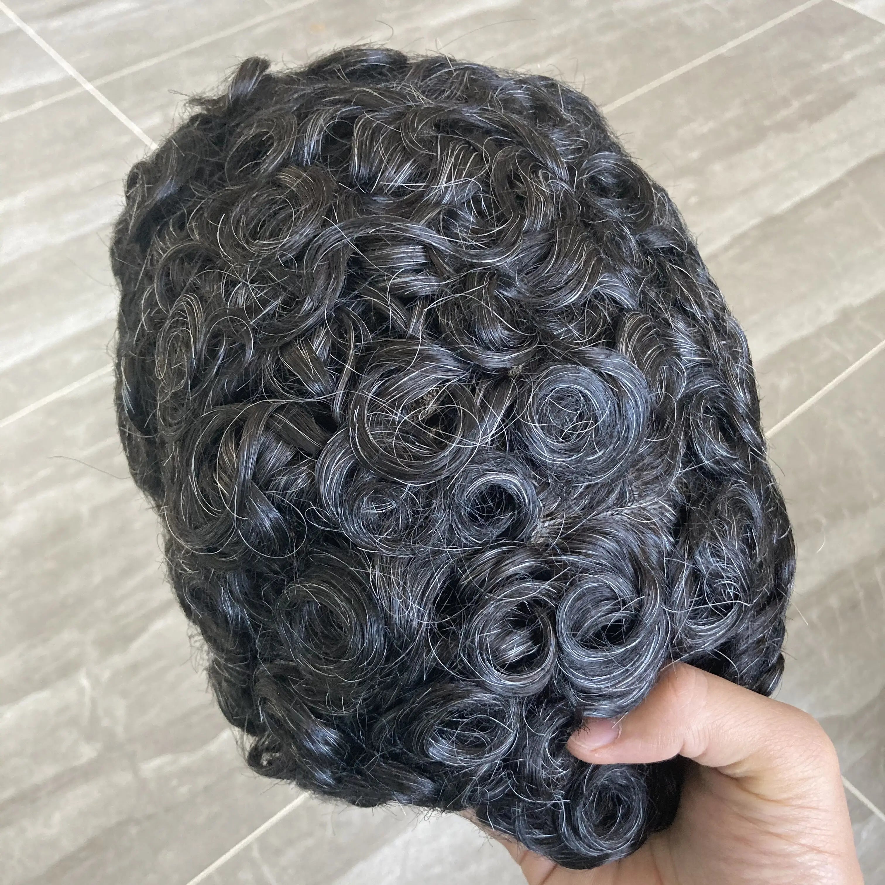 Men 26mm Natural Curly Human Hair Toupee Hair Replacement Capillary Prosthesis 100% Human Hair Durable skin Base Poly Easy Wear